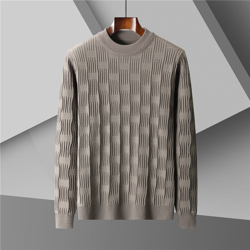 Men's textured knit winter sweater with half turtleneck