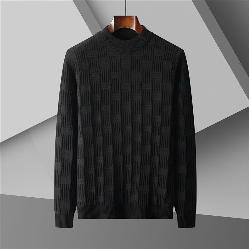 Men's textured knit winter sweater with half turtleneck