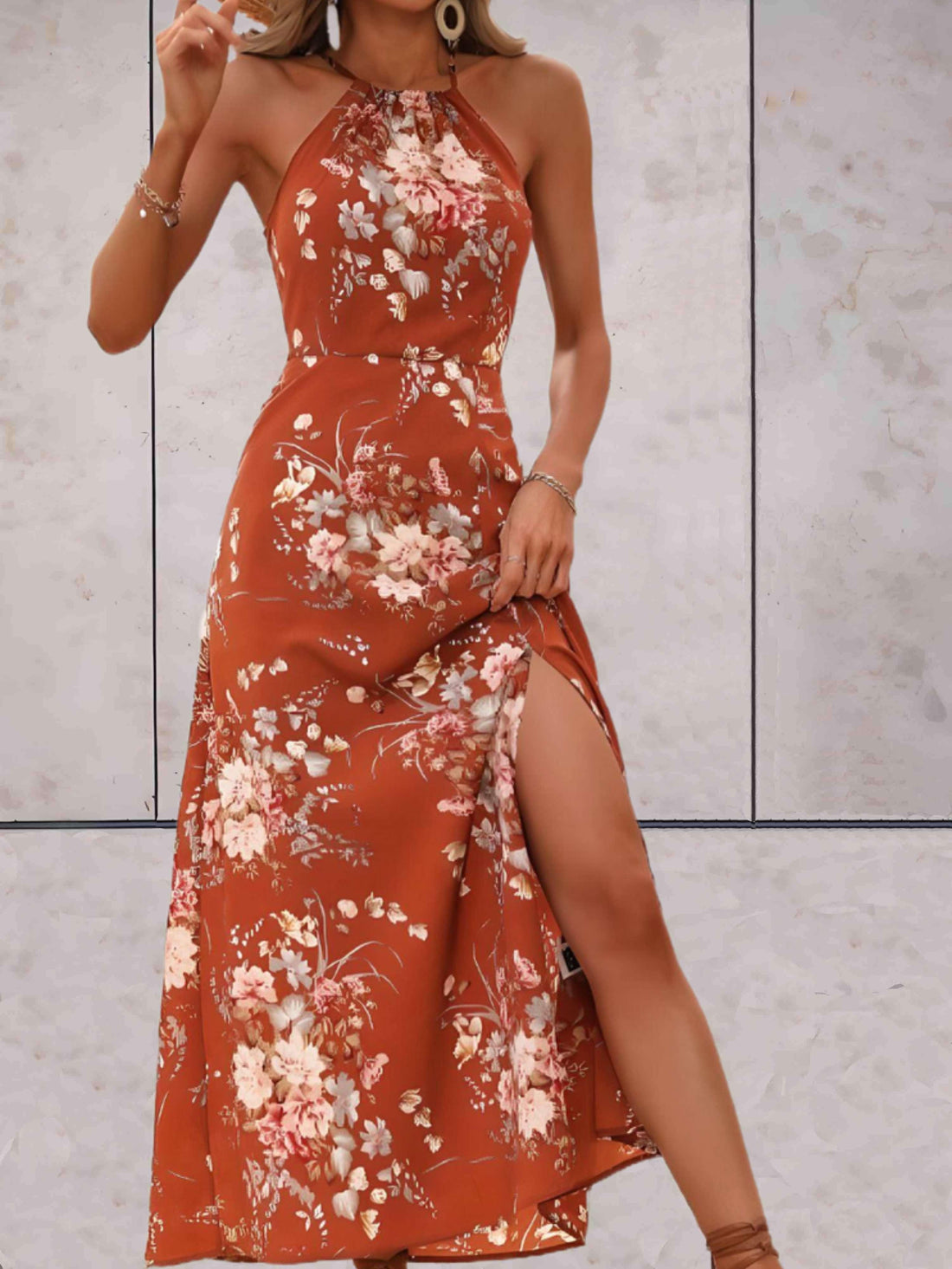 Women's Halter-Neck Midi Dress - Floral Print - Flowing A-Line Elegant Fit