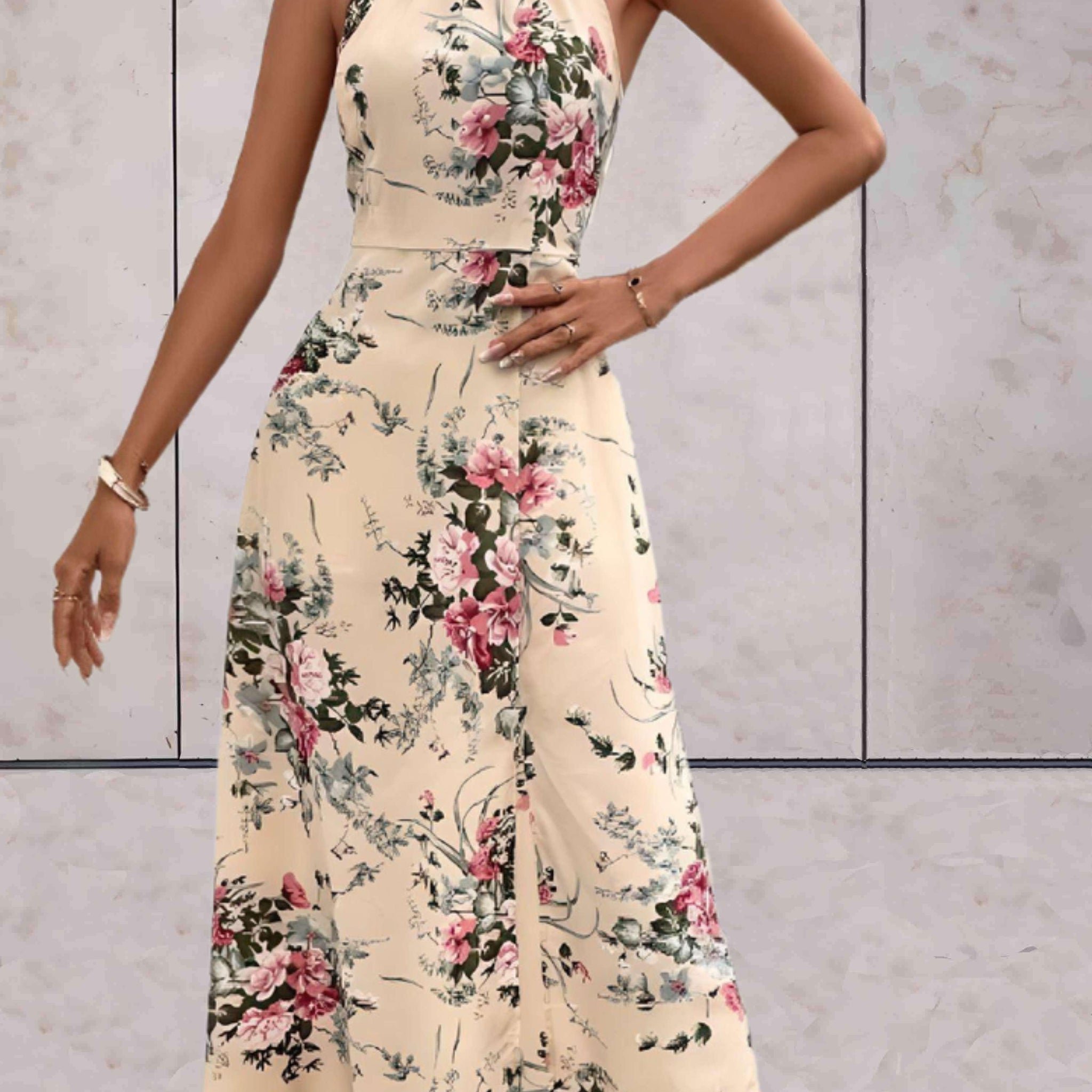 Women's Halter-Neck Midi Dress - Floral Print - Flowing A-Line Elegant Fit