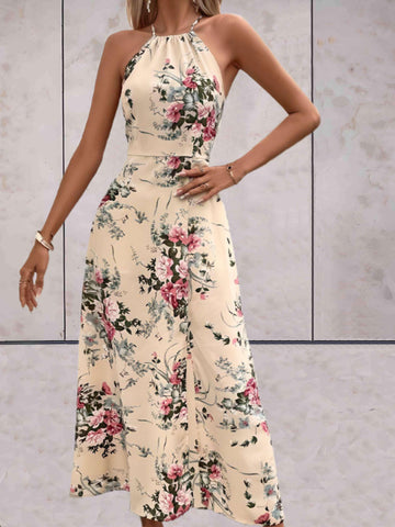 Women's Halter-Neck Midi Dress - Floral Print - Flowing A-Line Elegant Fit