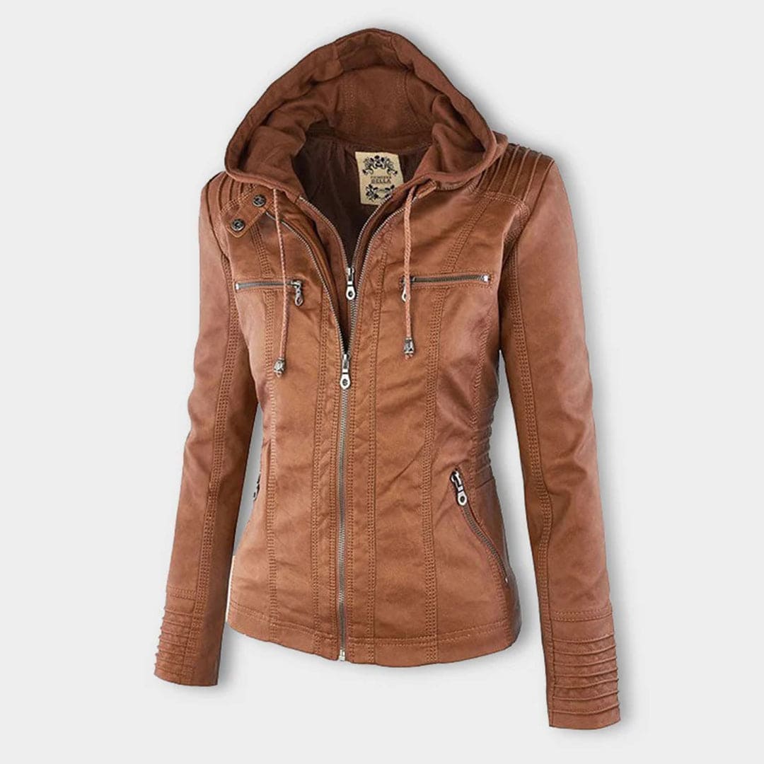 Women's casual leather jacket with hood