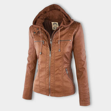 Women's casual leather jacket with hood