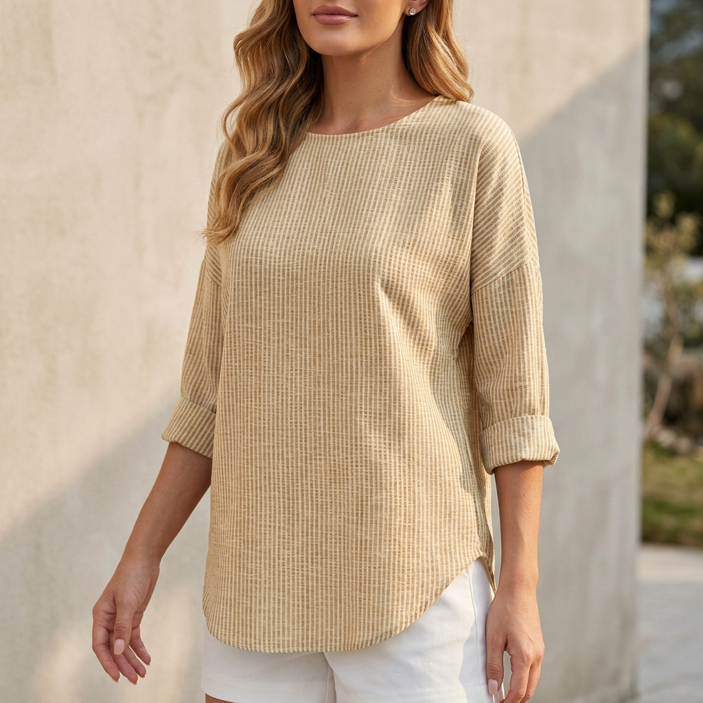 Relaxed-Fit Blouse with Rolled Sleeves and Curved Hem