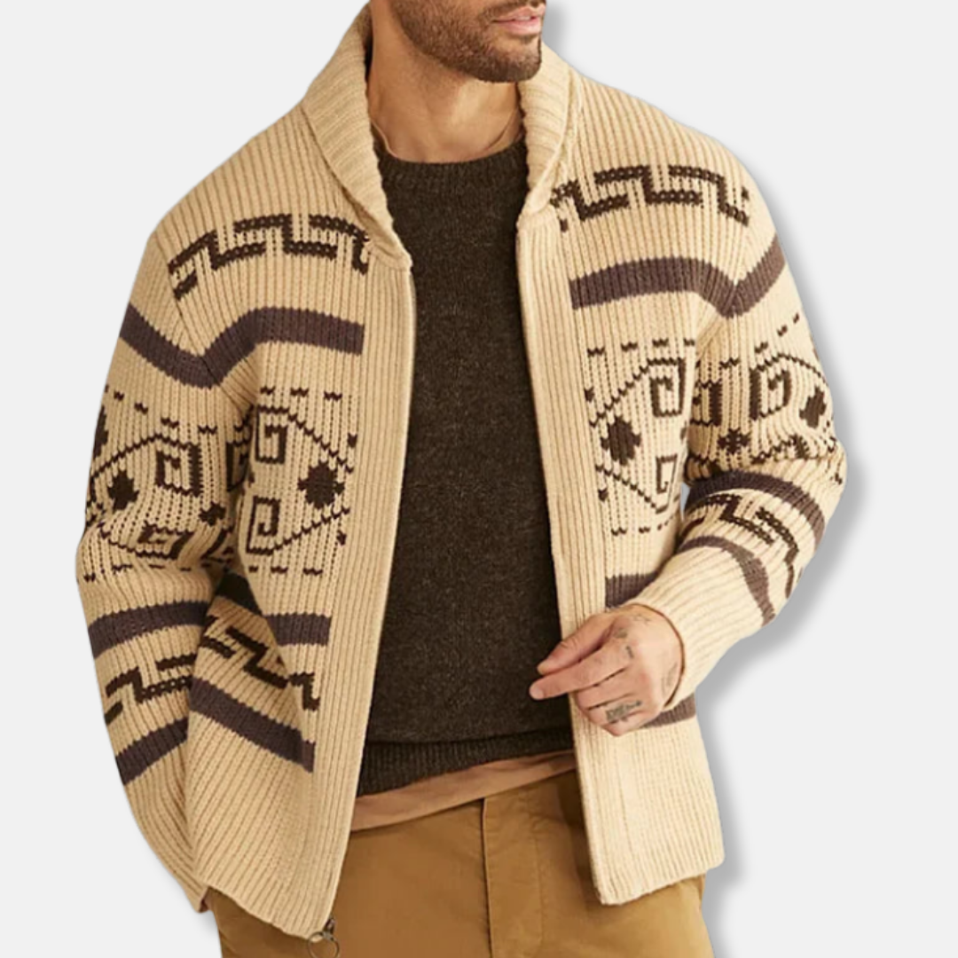 Oscar Slim Fit Cardigan | Shawl Collar Geometric Knit Cardigan