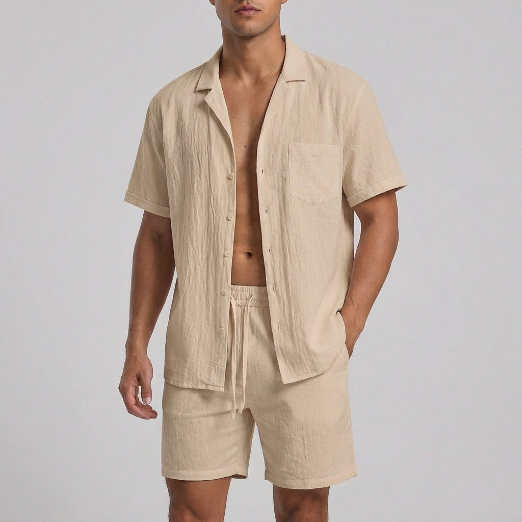 Relaxed Blend Two-Piece Shirt and Shorts Set with Camp Collar