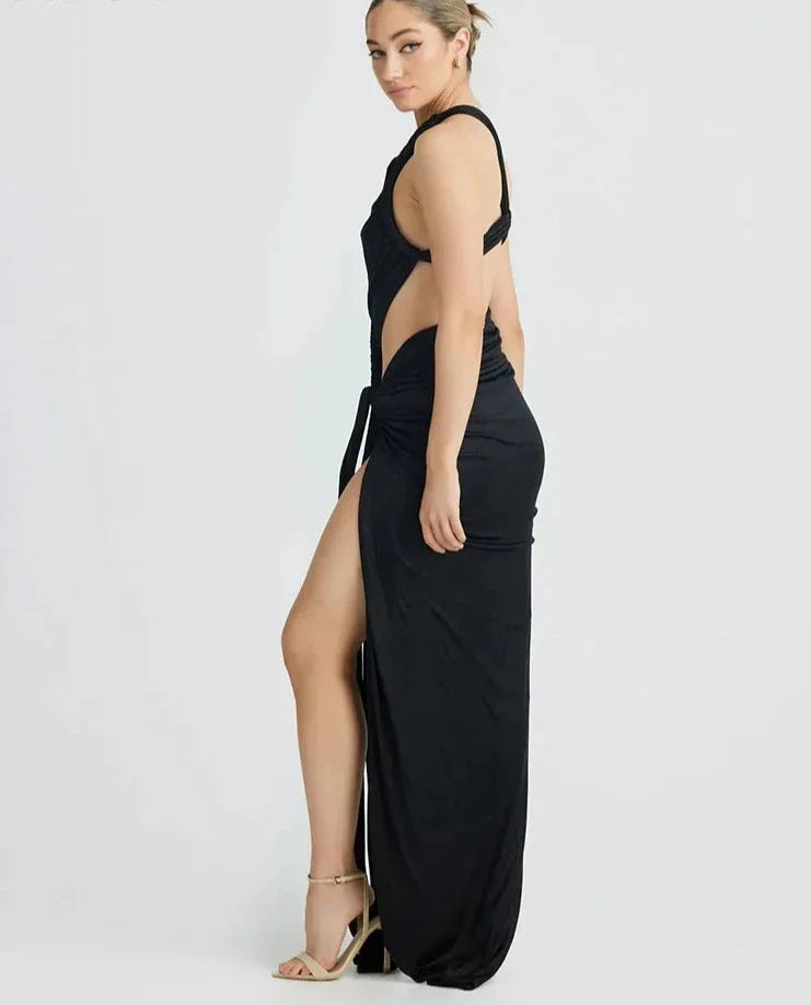 Women's One-Shoulder Maxi Dress - Ruched Cut-Out Design - High Slit Elegant Evening Wear