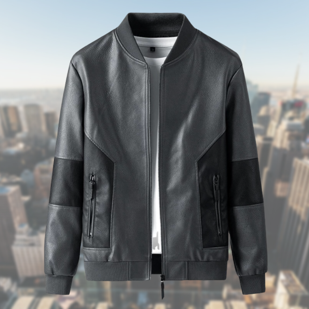 Men's sleek black leather bomber jacket for casual edge