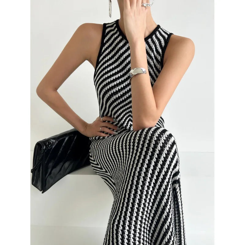 Sleeveless Striped Knit Bodycon Dress for Women