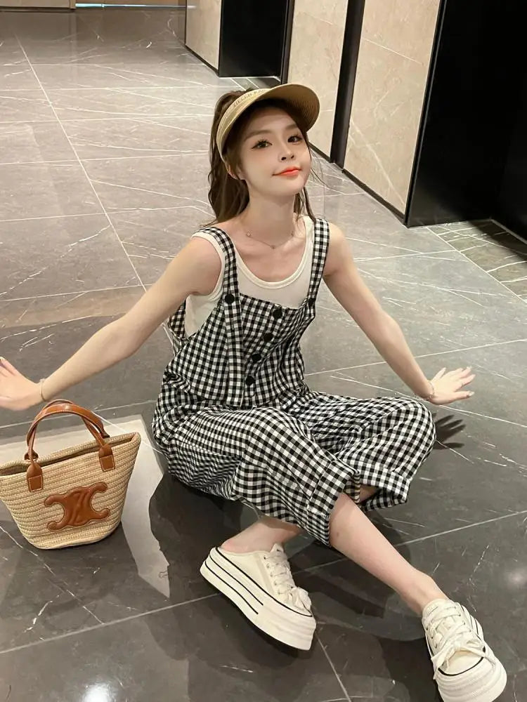Women's Sleeveless Plaid Wide-Leg Jumpsuit - High Waist Casual Outfit