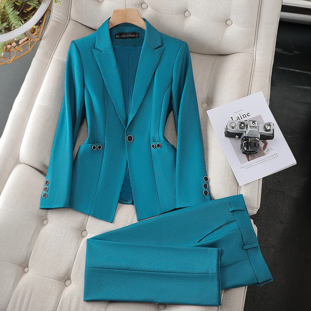 Women's teal tailored suit for a bold professional statement