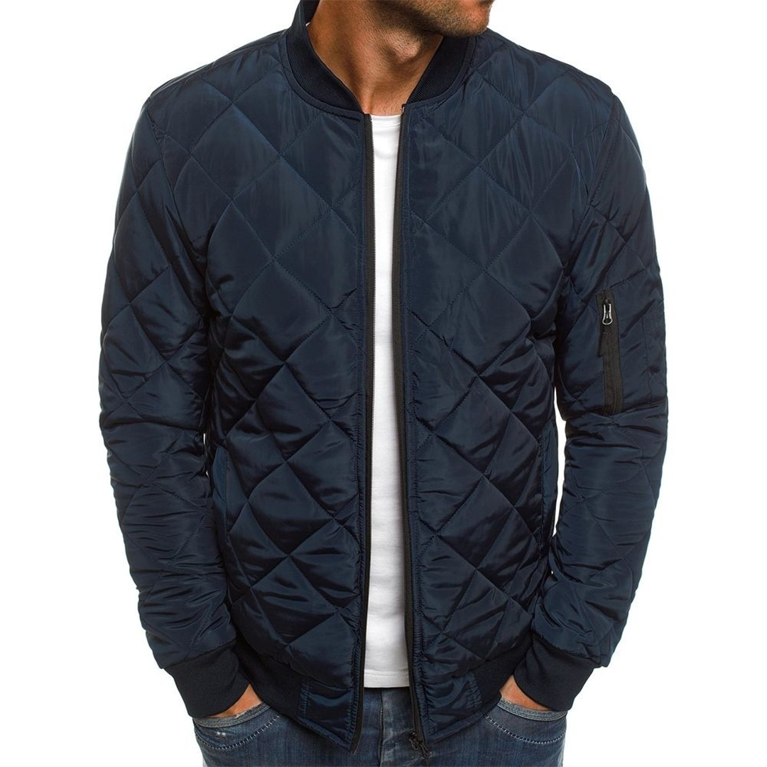 Winter men's bomber jacket with zipper placket and patch pockets