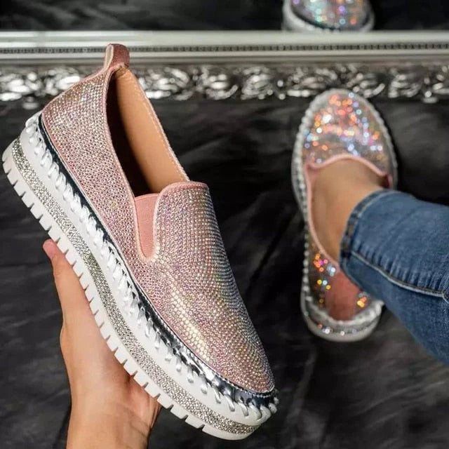 Women's Slip-On Platform Shoes - Rhinestone Embellished - Stylish & Comfortable