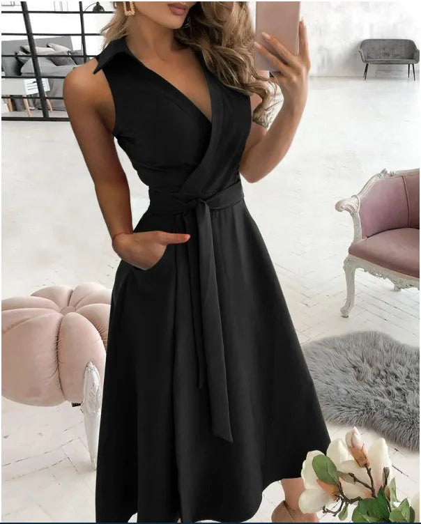 Women's Sleeveless Wrap Dress - V-Neck A-Line - Self-Tie Waist with Pockets