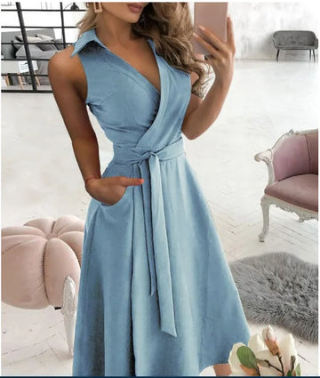 Women's Sleeveless Wrap Dress - V-Neck A-Line - Self-Tie Waist with Pockets