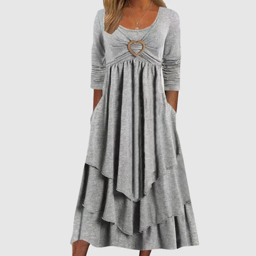 Women's Long Dress - Scoop Neck - Three-Quarter Sleeves - Tiered Flowing Skirt