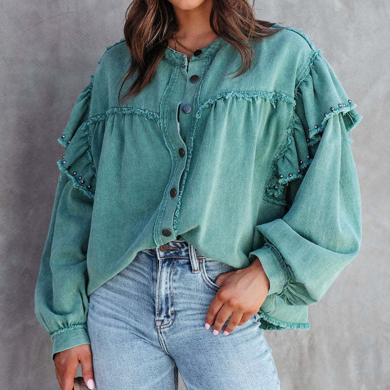 Women's denim jacket with ruffle details