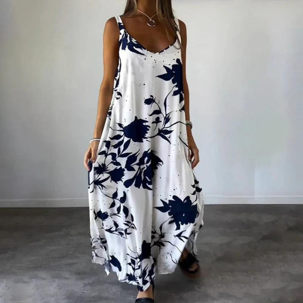 Women's Maxi Dress - Flowing Loose Fit - V-Neck Sleeveless - Floral Print