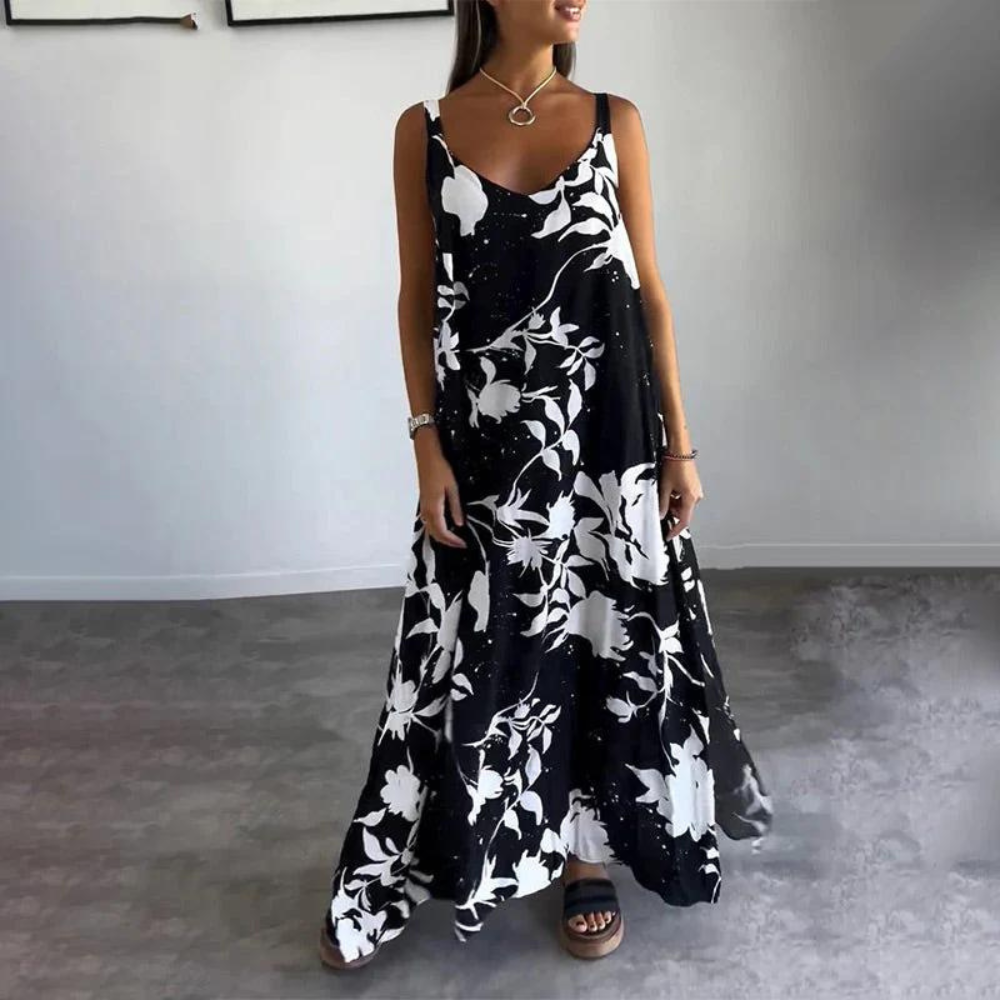 Women's Maxi Dress - Flowing Loose Fit - V-Neck Sleeveless - Floral Print