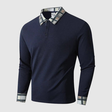 Men’s Long Sleeve Polo Shirt – Regular Fit – Ribbed Knit – Plaid Collar and Cuffs