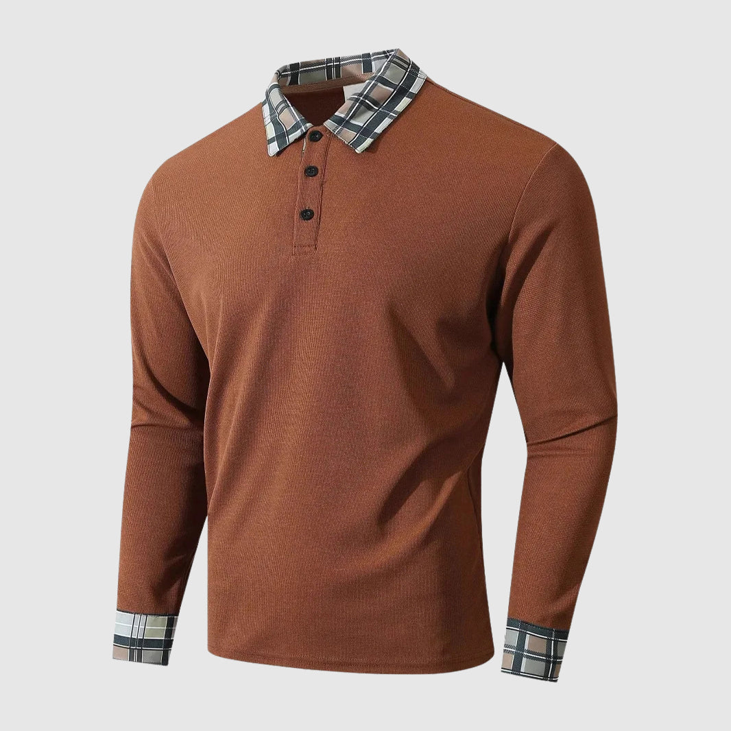 Men’s Long Sleeve Polo Shirt – Regular Fit – Ribbed Knit – Plaid Collar and Cuffs