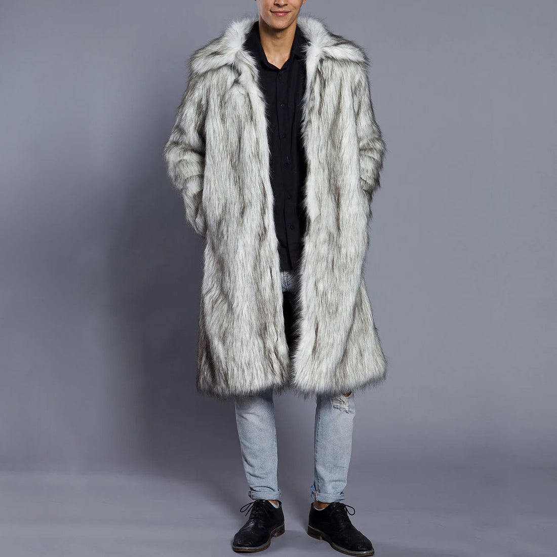 Men’s Fur Coat – Faux Fur – Oversized Fit – Full Length – Wide Lapel Statement Style