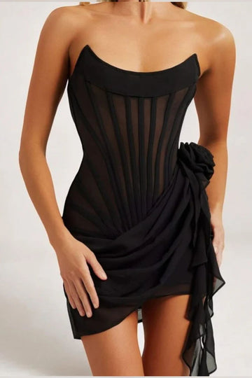 Women’s Corset Mini Dress – Strapless – Sheer Fabric – Boned Bodice – Draped Detail