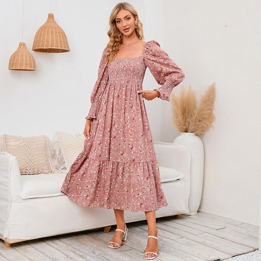 Women's Midi Dress - Smocked Bodice - Long Puff Sleeves - Tiered Ruffle Skirt