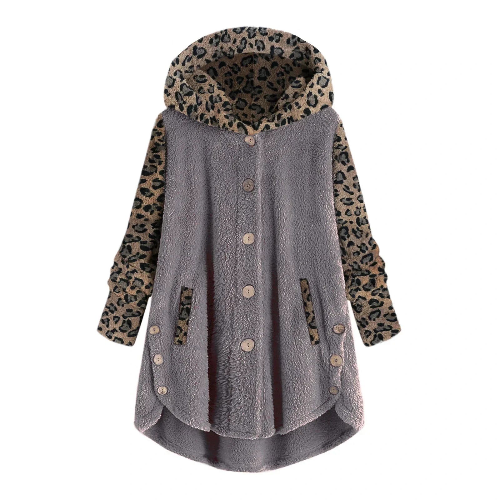 Women's cozy hooded fleece jacket with leopard print sleeves