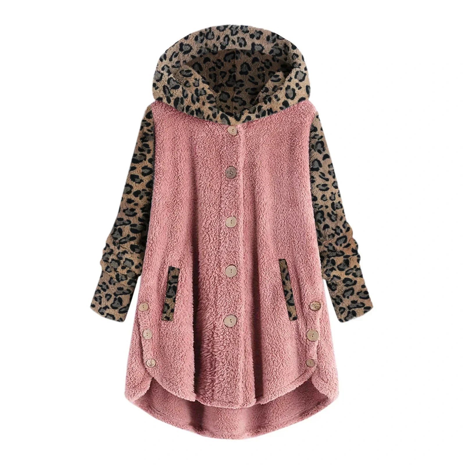 Women's cozy pink hooded fleece jacket with leopard print sleeves