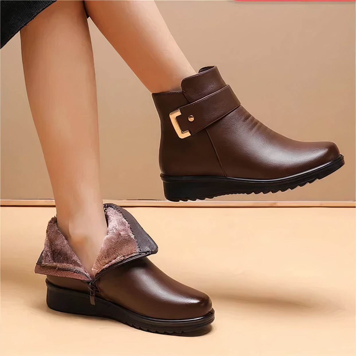 Women's cozy ankle boots with buckle strap