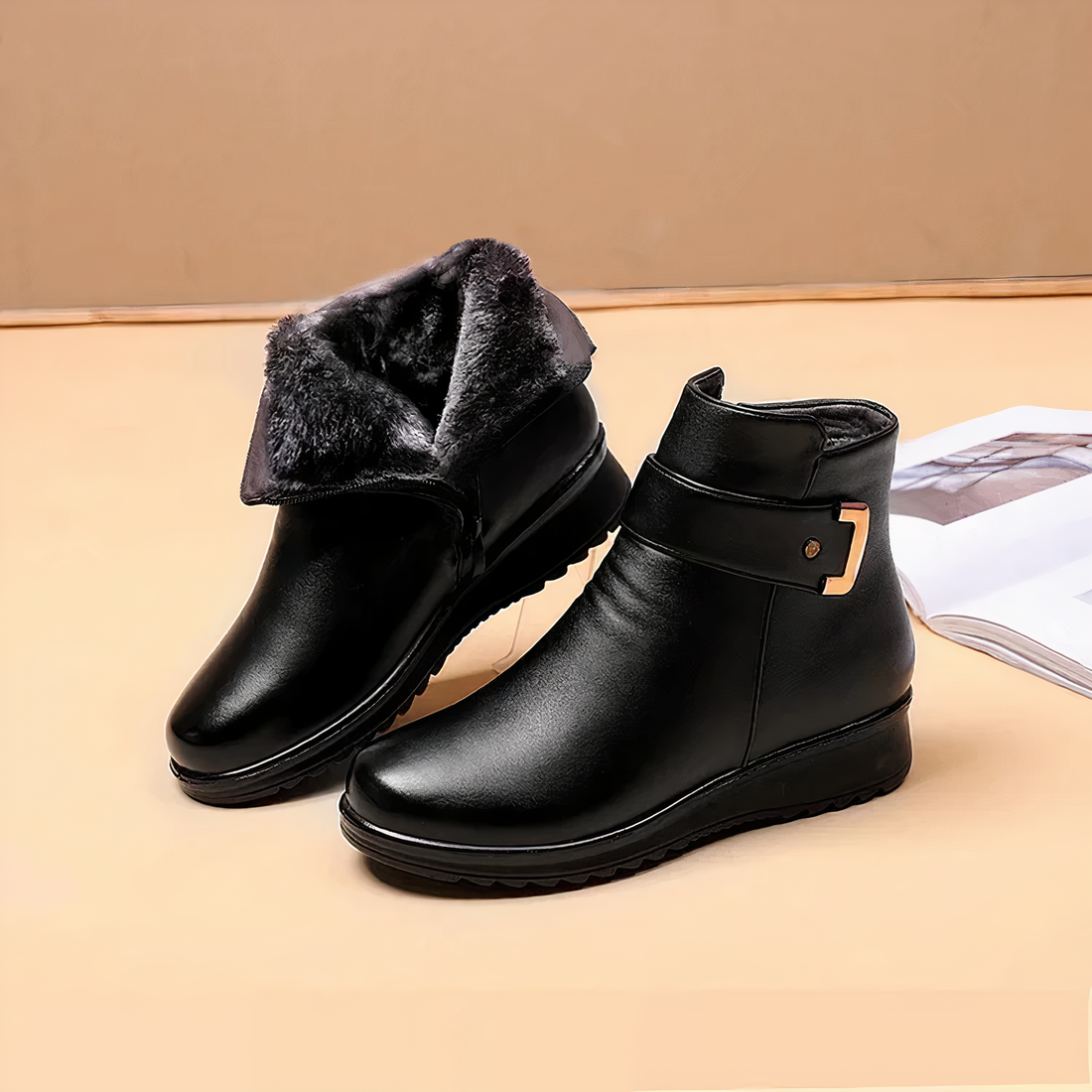 Women's cozy ankle boots with buckle strap