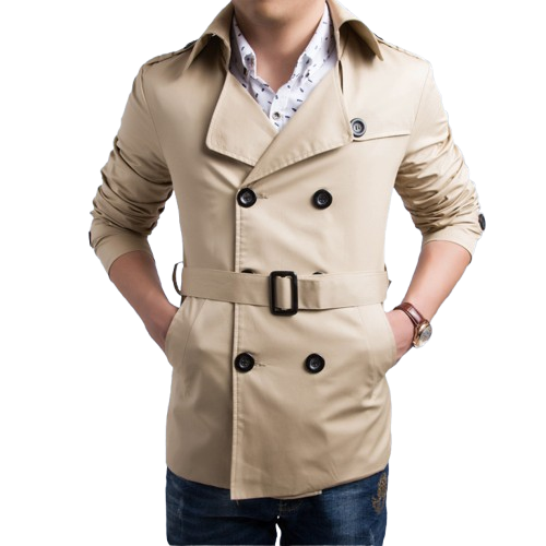 Classic single-breasted beige trench coat with belt for men