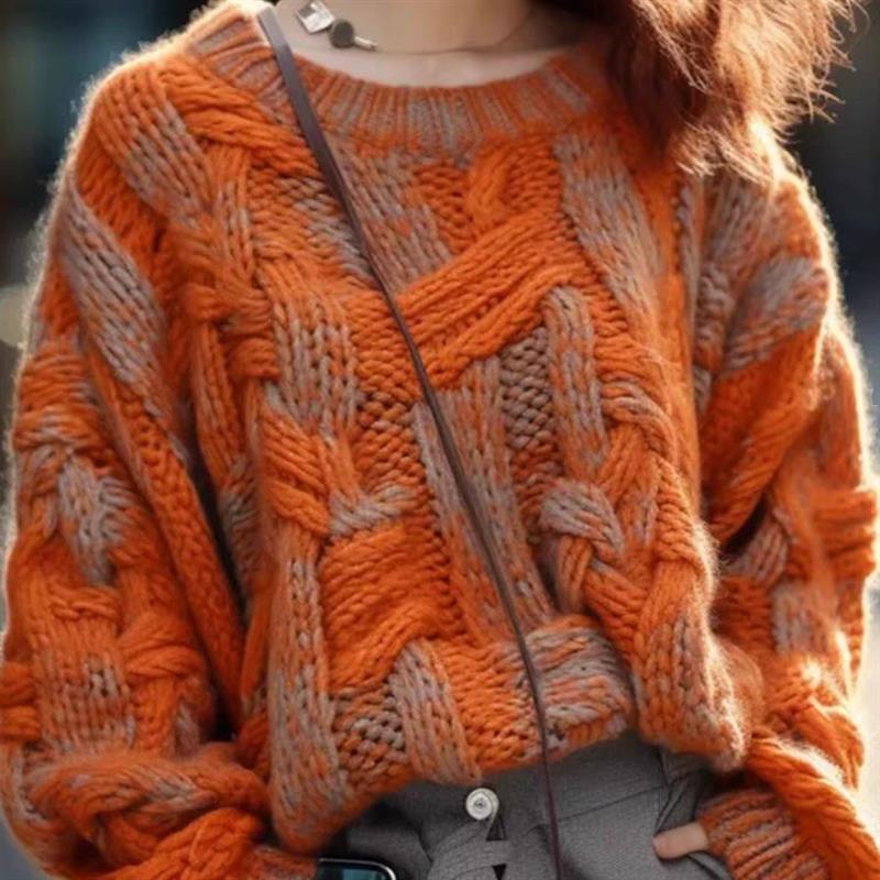 Women's loose warm knitted sweater with round neck