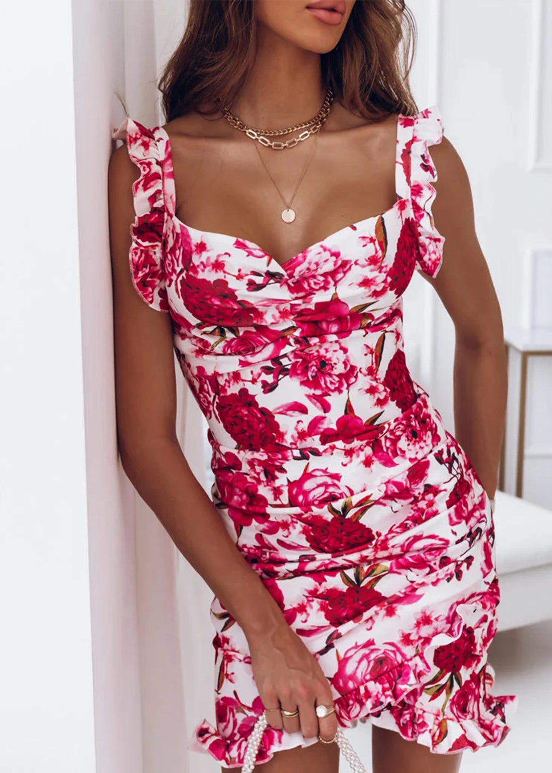 Talia -  ruflled v-neck dress with floral prints