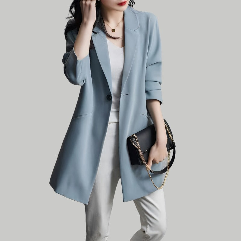 Women's Tailored Blazer - Long Cut - Notched Lapel - Single Button Closure