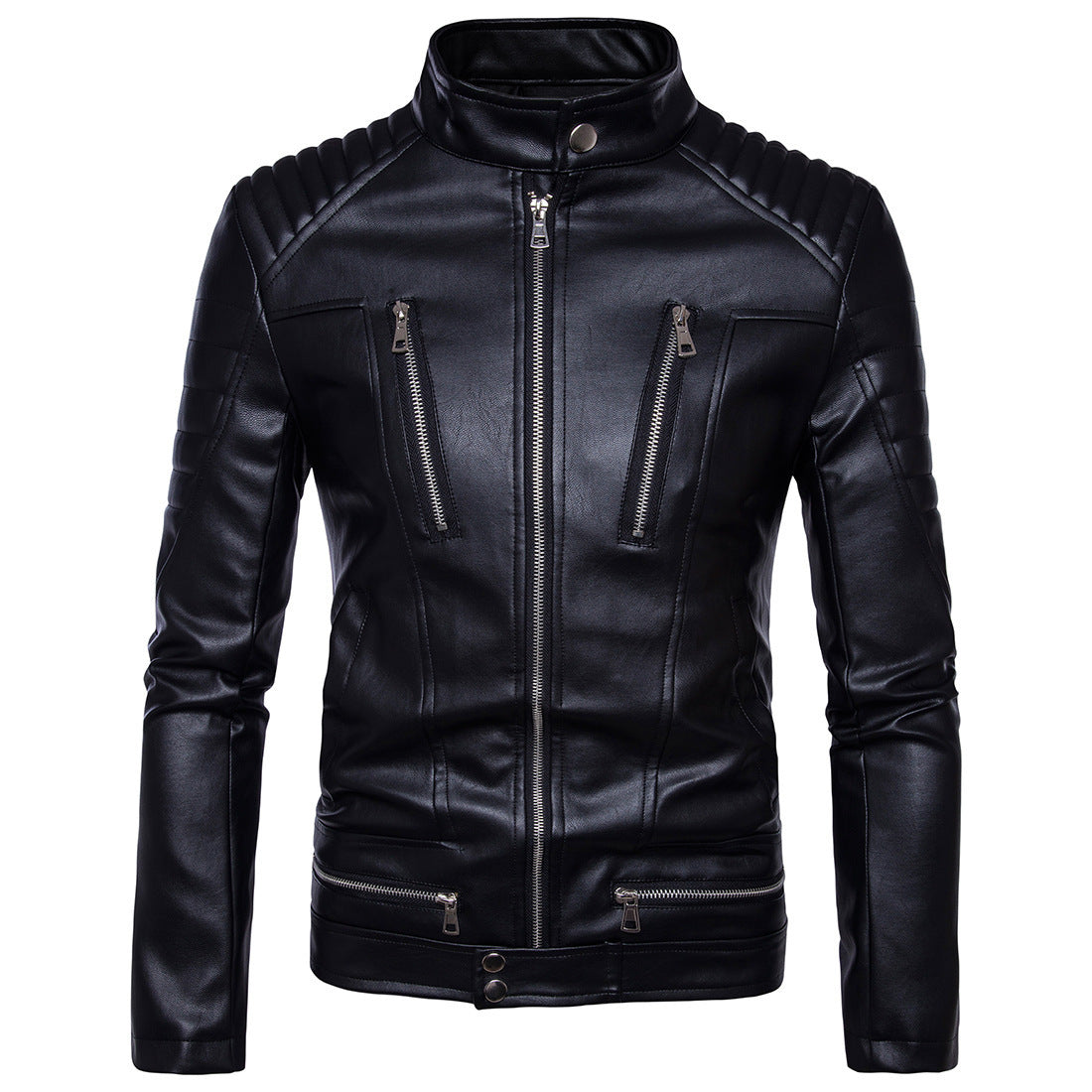 Men's Motorcycle Leather Jacket with Zipper Details and Stand Collar