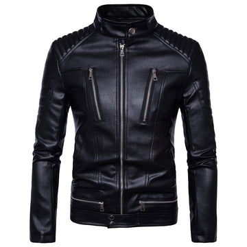 Men's Motorcycle Leather Jacket with Zipper Details and Stand Collar