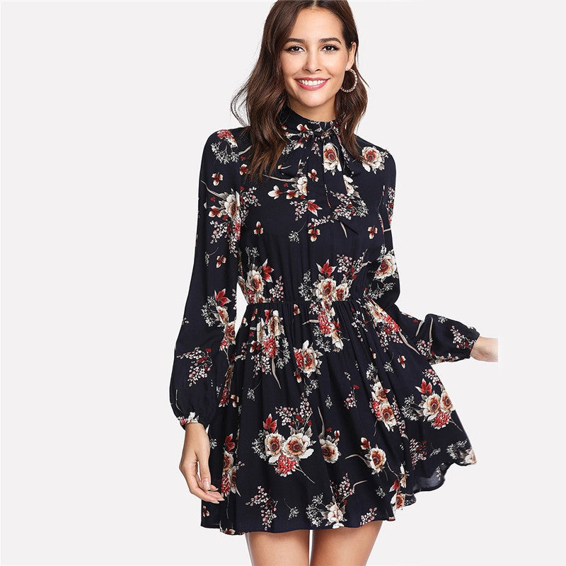 Women's Floral Dress - High Neck - Long Puff Sleeves - Cinched Waist - Flowy A-Line