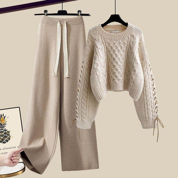 Women's cable knit sweater and wide-leg pants set