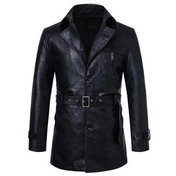 Men’s Leather Trench Coat – Button-Up – Belted Waist – Zippered Chest Pocket – Mid-Length