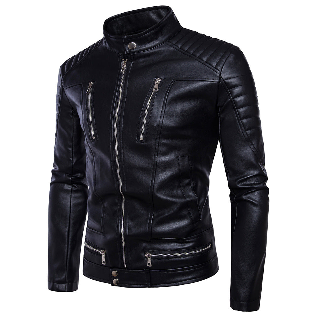 Men's Motorcycle Leather Jacket with Zipper Details and Stand Collar