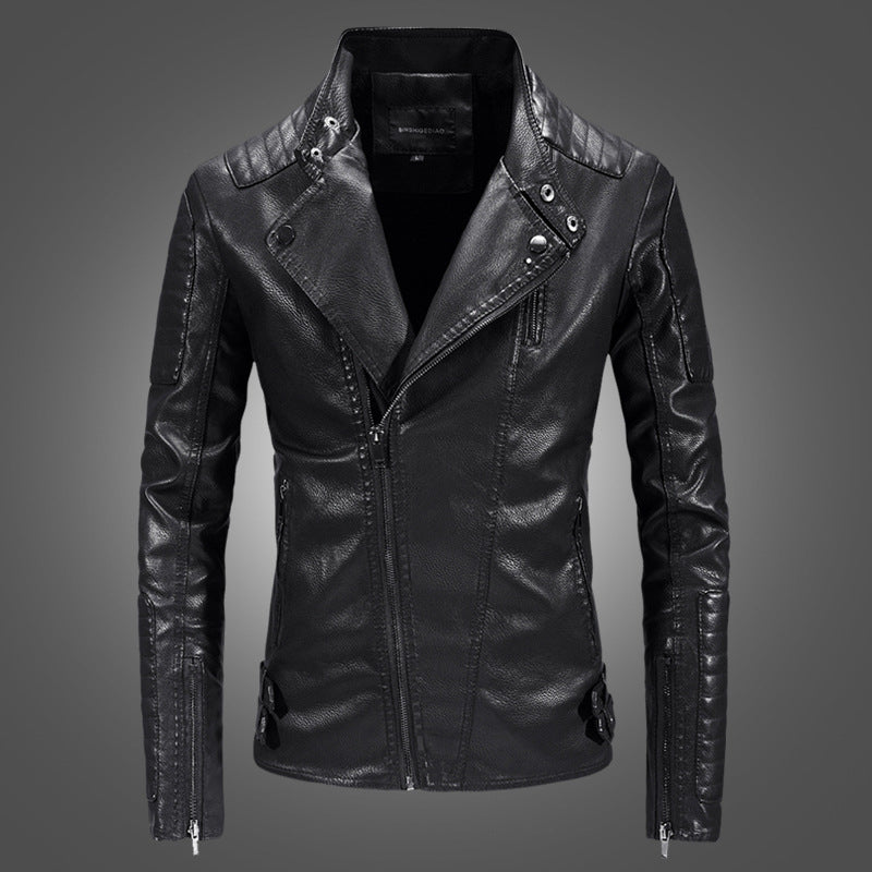 Men's diagonal zipper motorcycle leather jacket