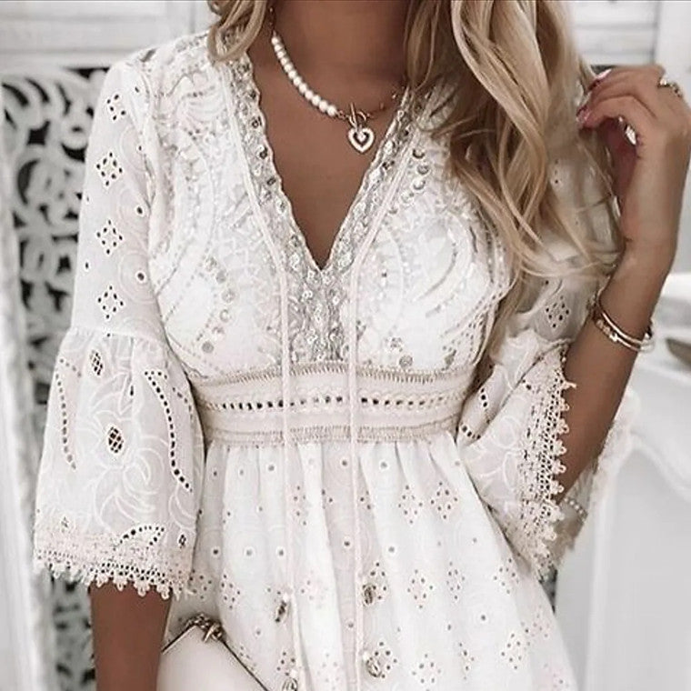 Women's V-Neck Dress - Embroidered Boho Style - Lace Trim - Tiered Skirt