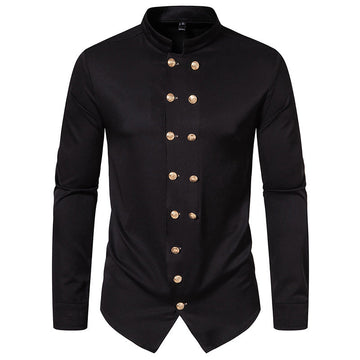 Men's elegant black mandarin collar button-up shirt