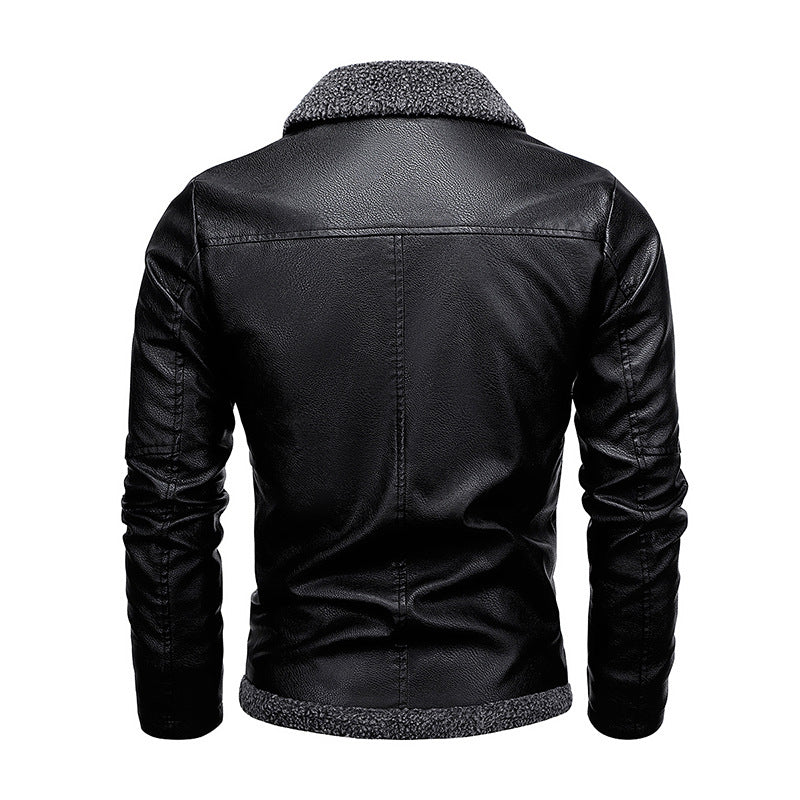 Men's leather jacket with velvet fur and lapel collar