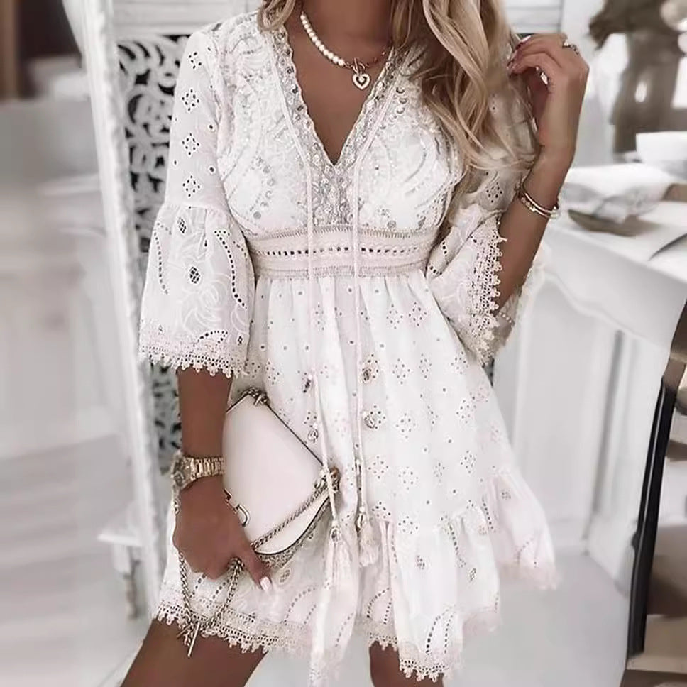 Women's V-Neck Dress - Embroidered Boho Style - Lace Trim - Tiered Skirt