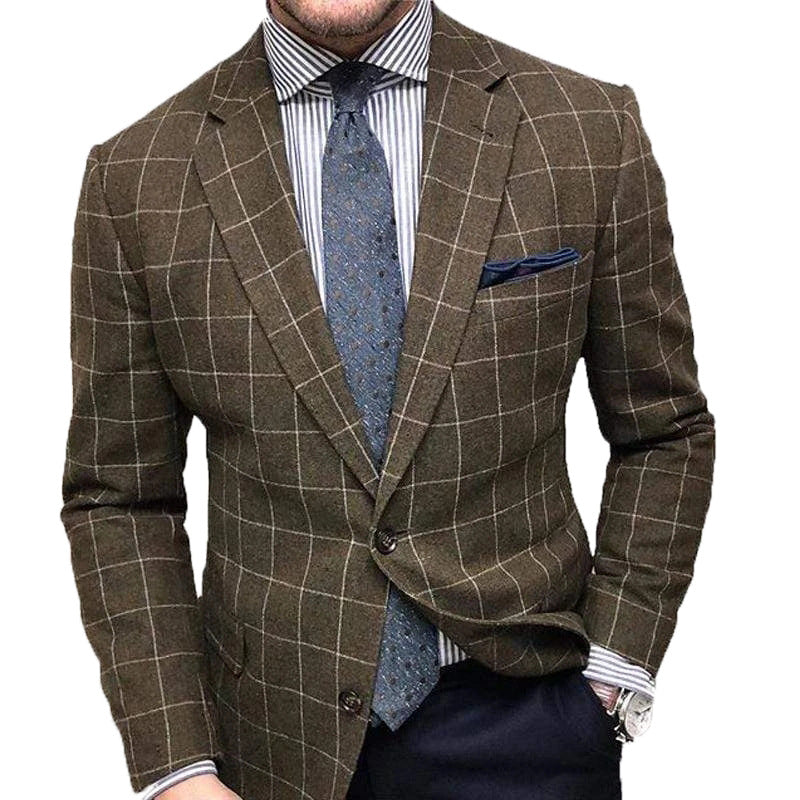 Men's tailored checkered suit with lapel collar