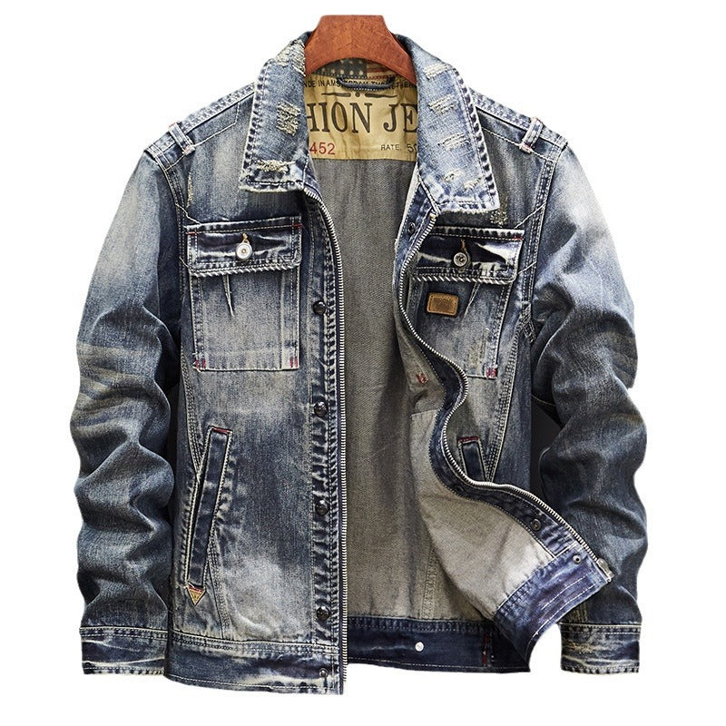 Men's vintage wash denim jacket with multiple pockets