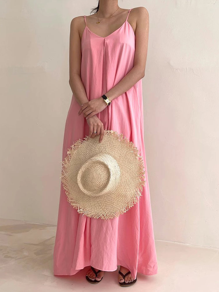 Lovely - V-neck pleated loose casual flowing drape sleeveless dress